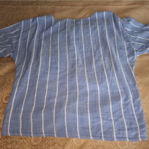 COMO Vintage Striped Blue White Dropped Shortsleeves Cotton Rayon Women's Top - Picture 8 of 8